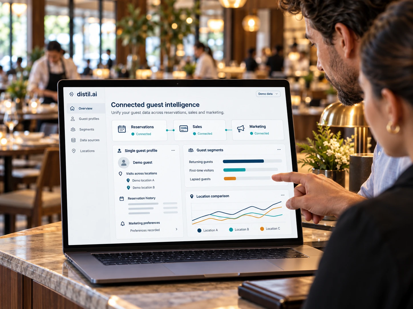 Illustrative Distil.ai connected guest profiles, data sources and restaurant analytics with demo data