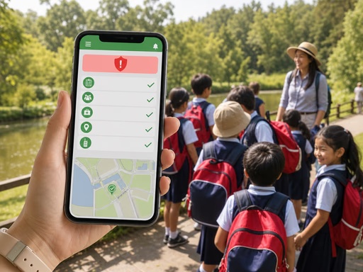 ETI360 case study artwork showing a school trip and a planning app