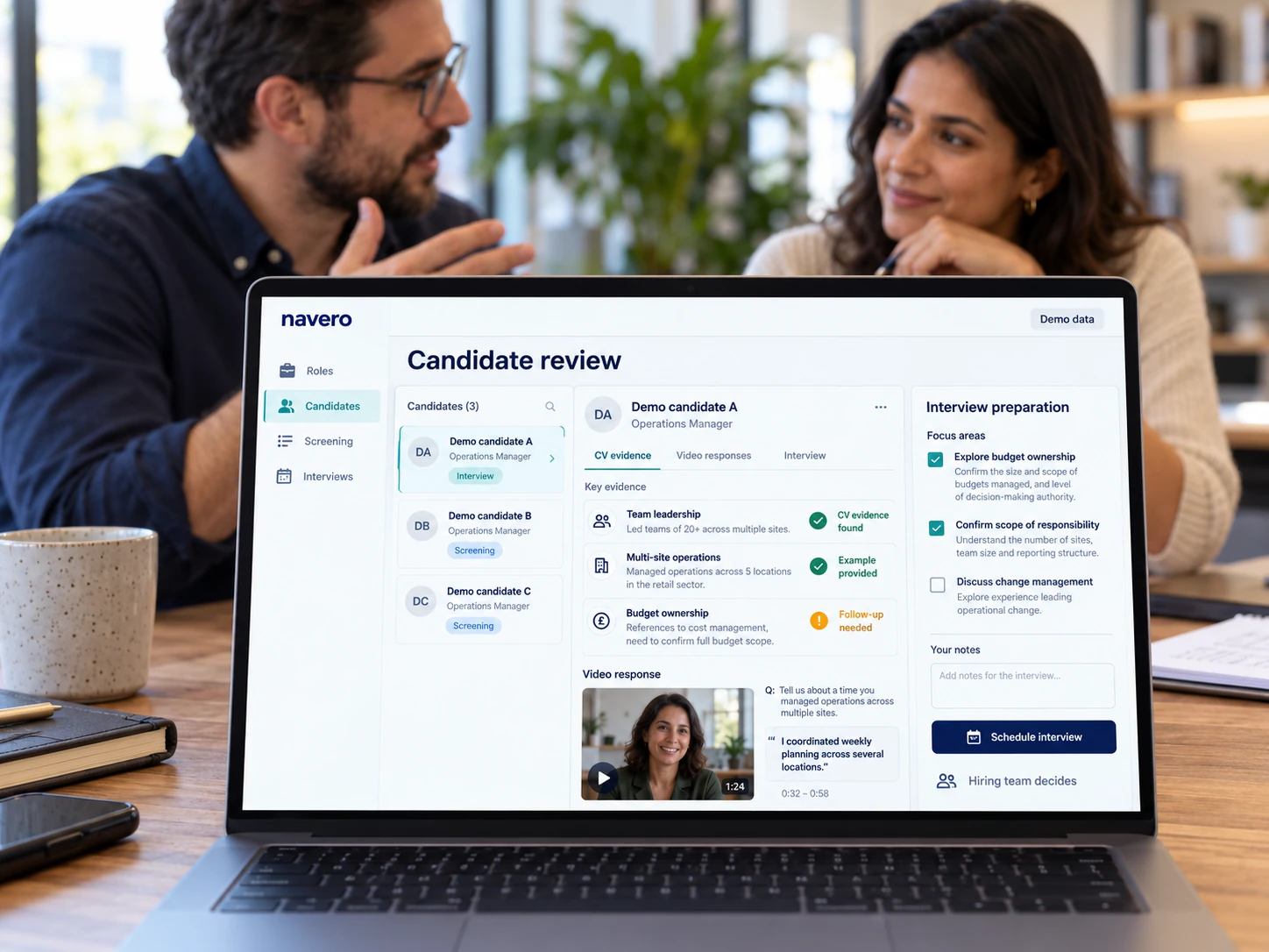 Illustrative Navero candidate review with demo evidence, video screening and interview preparation
