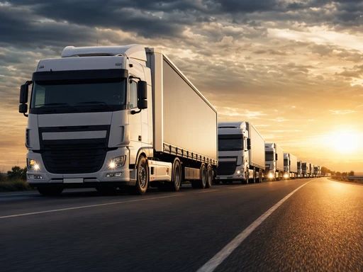 A fleet of freight trucks travelling along a highway at sunset